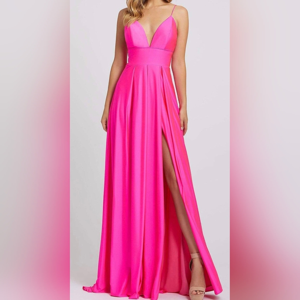 Ieena Mac Duggal Plunge Neck High Slit Spaghetti Strap Pink Gown Sz 6 $398